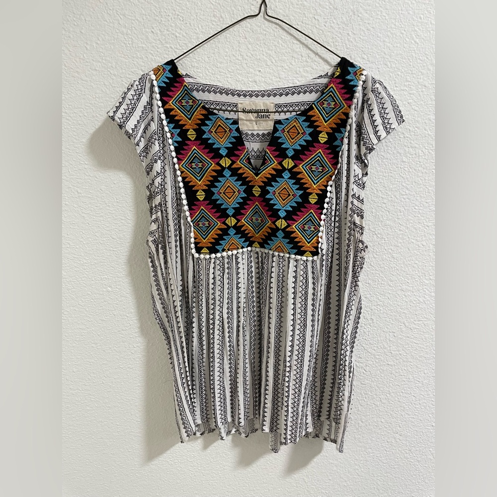 Savanna Jane White Striped Blouse with Multicolor Geometric Embroidery